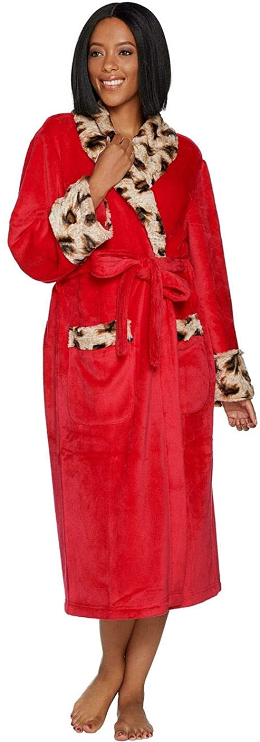 Price:$29.40    Dennis Basso Womens Plush Robe with Leopard Faux Fur. H213176  Clothing