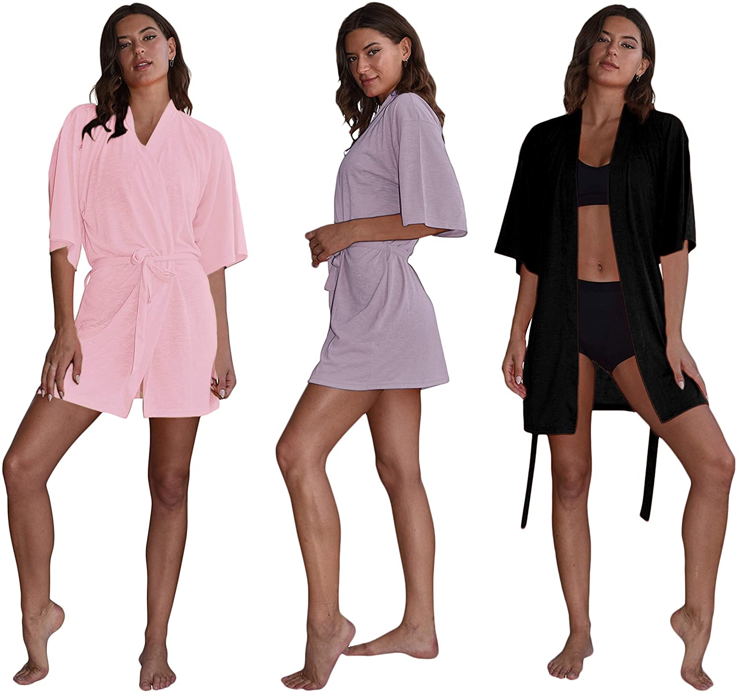 Price:$17.99 Women's 3 Pack Kimono Robes Lightweight & Flowy Bath Robe/Soft Sleepwear V-Neck Ladies Nightwear - Coverup (3 Pack- Black/Lavender/Pink, X-Large) at Amazon Women’s Clothing store