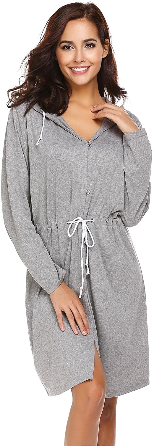 Price:$14.99 Ouyilu Women Cotton Hooded V-Neck Drawstring Waist Solid Nightgown Robe at Amazon Women’s Clothing store