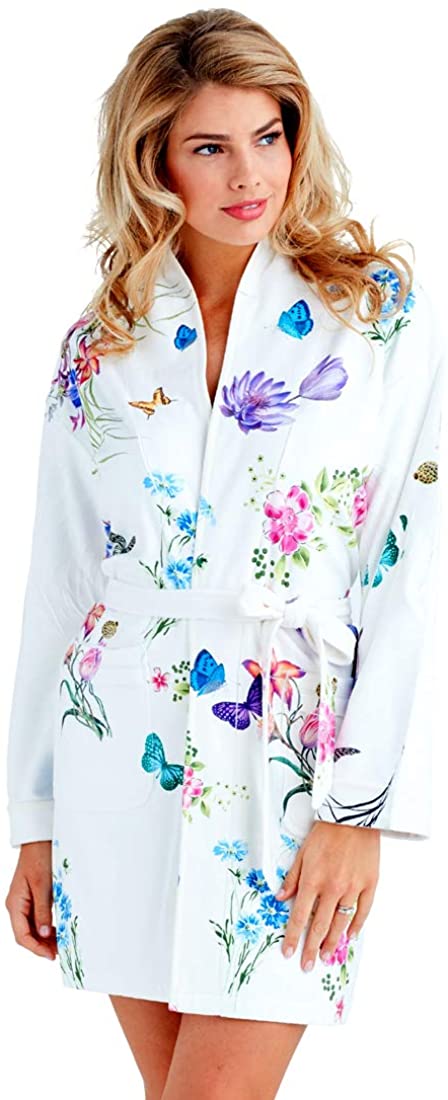 Price:$209.99 Wrap Up by VP Wonderland Butterflies and Flower Microfiber Short Robe, S/M White at Amazon Women’s Clothing store