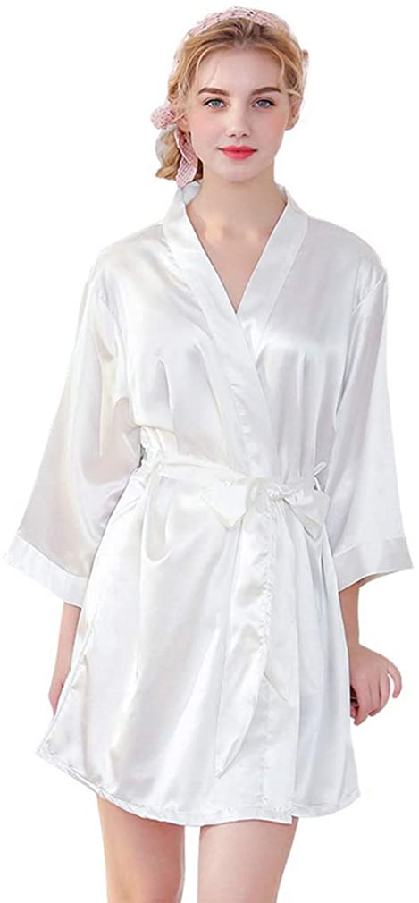 Price:$12.99 Women's Pure Colour Short Satin Kimono Robes with Oblique V-Neck Bride at Amazon Women’s Clothing store