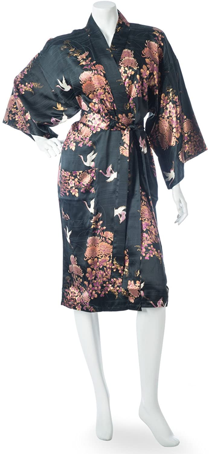 Price:$234.00 Silk Crane and Chrysanthemum Short Black Yukata at Amazon Women’s Clothing store