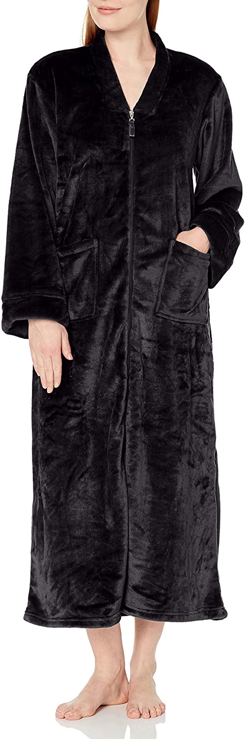 Price:$49.04 Casual Moments Women's 52 Inch V-Neck Zip Front Robe, Black, Large at Amazon Women’s Clothing store