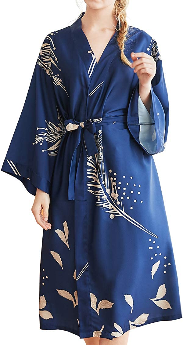 Price:$18.98 Chaos World Women's Kimono Robes Printed Long Dressing Gown Spa Bathrobe Long Sleeve(L, Navy Blue) at Amazon Women’s Clothing store