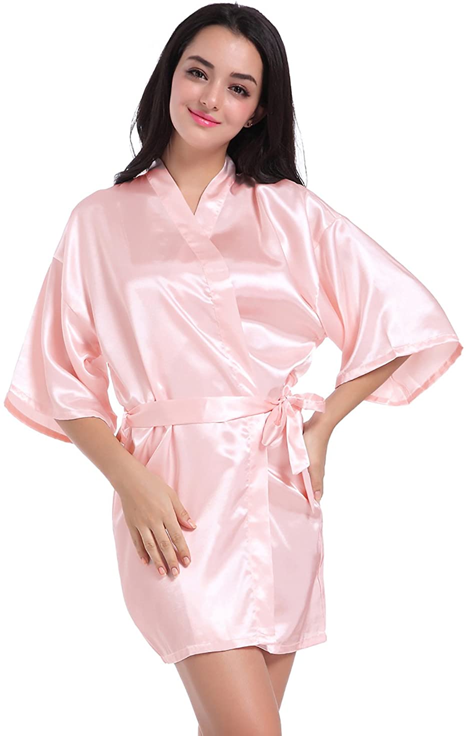 Price:$12.50 Admireme Women's Kimono Robes Satin Nightdress Pure Colour Short Style with Oblique V-Neck Pink at Amazon Women’s Clothing store