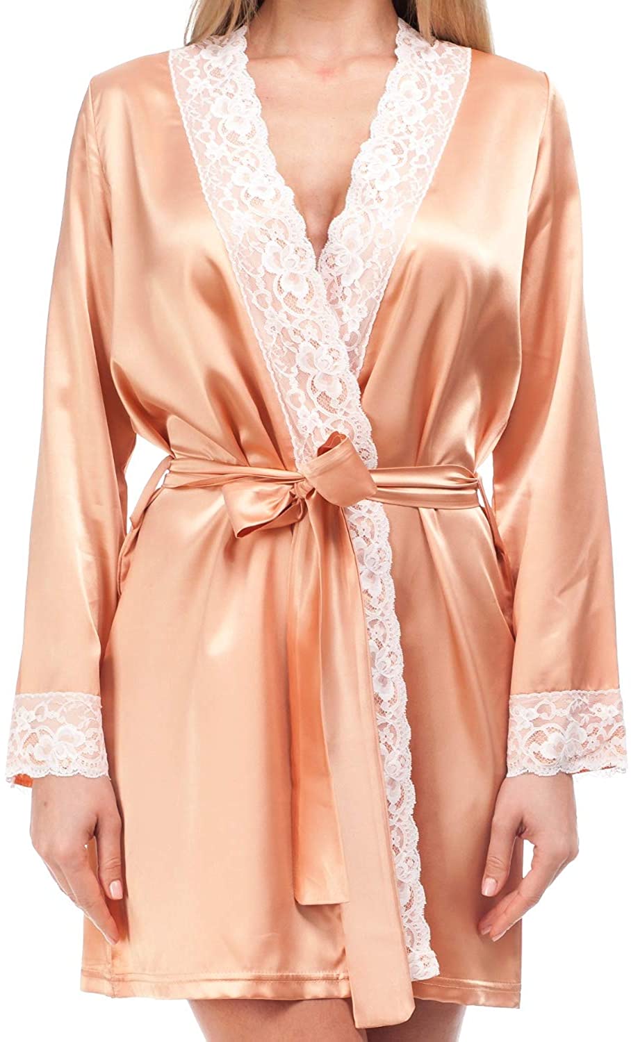 Price:$25.99 Premium Long-Sleeve Women's Satin Robe with Lace Decoration, Ankle Lenght, Gift-Ready in a Lingerie Bag at Amazon Women’s Clothing store