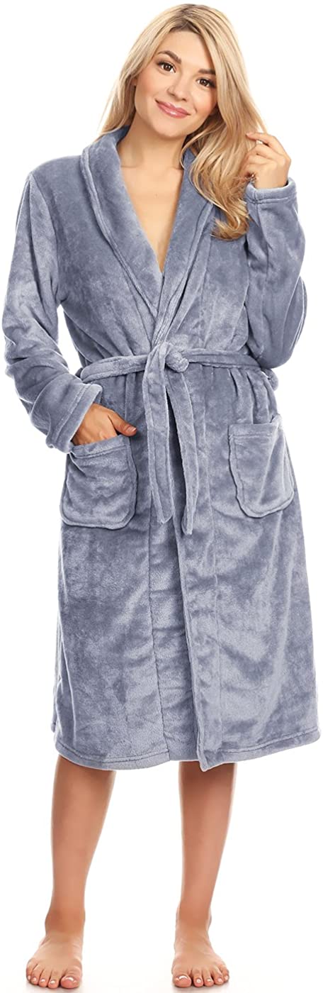 Price:$29.99 ANNA-KACI Unisex Soft Shawl Collar Long Fleece Bathrobe at Amazon Women’s Clothing store