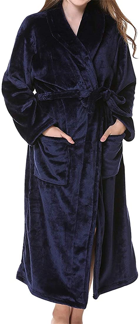 Price:$34.99 YYW Fleece Women Robe Thermal Bathrobe Ladies Soft Plush Full Length Bath Robe Sleepwear with Pockets (Navy Blue, X-Large) at Amazon Women’s Clothing store