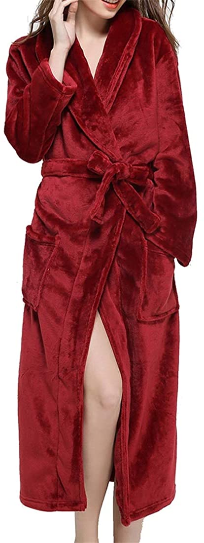 Price:$33.99 YYW Fleece Women Robe Thermal Bathrobe Ladies Soft Plush Full Length Bath Robe Sleepwear with Pockets (Burgundy, Large) at Amazon Women’s Clothing store