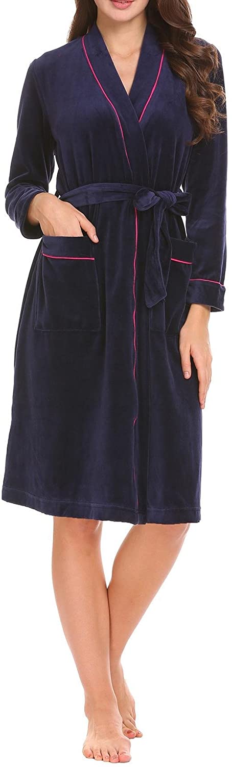 Price:$32.99 Etuoji Womens Robe Long Sleeve Nightwear Pockets Patchwork Sleepwear Short Bathrobe with Belt at Amazon Women’s Clothing store