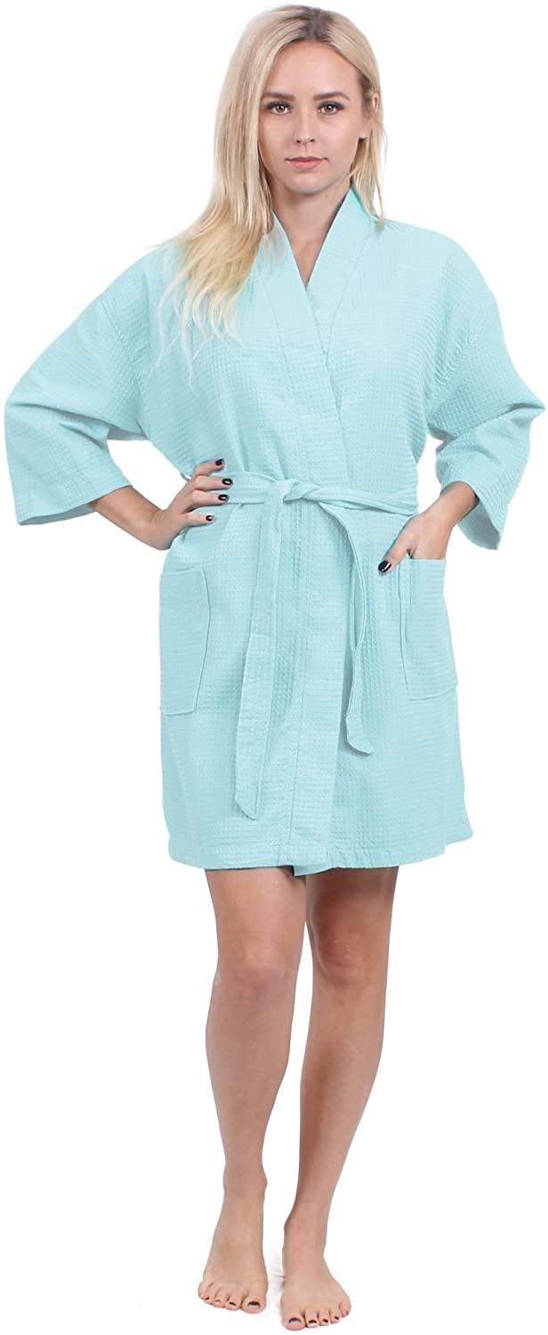 Price:$19.99 Turkuoise Women's Turkish Cotton Knee Length Lightweight Bridesmaids Waffle Kimono Robe Light Turquoise XXL at Amazon Women’s Clothing store