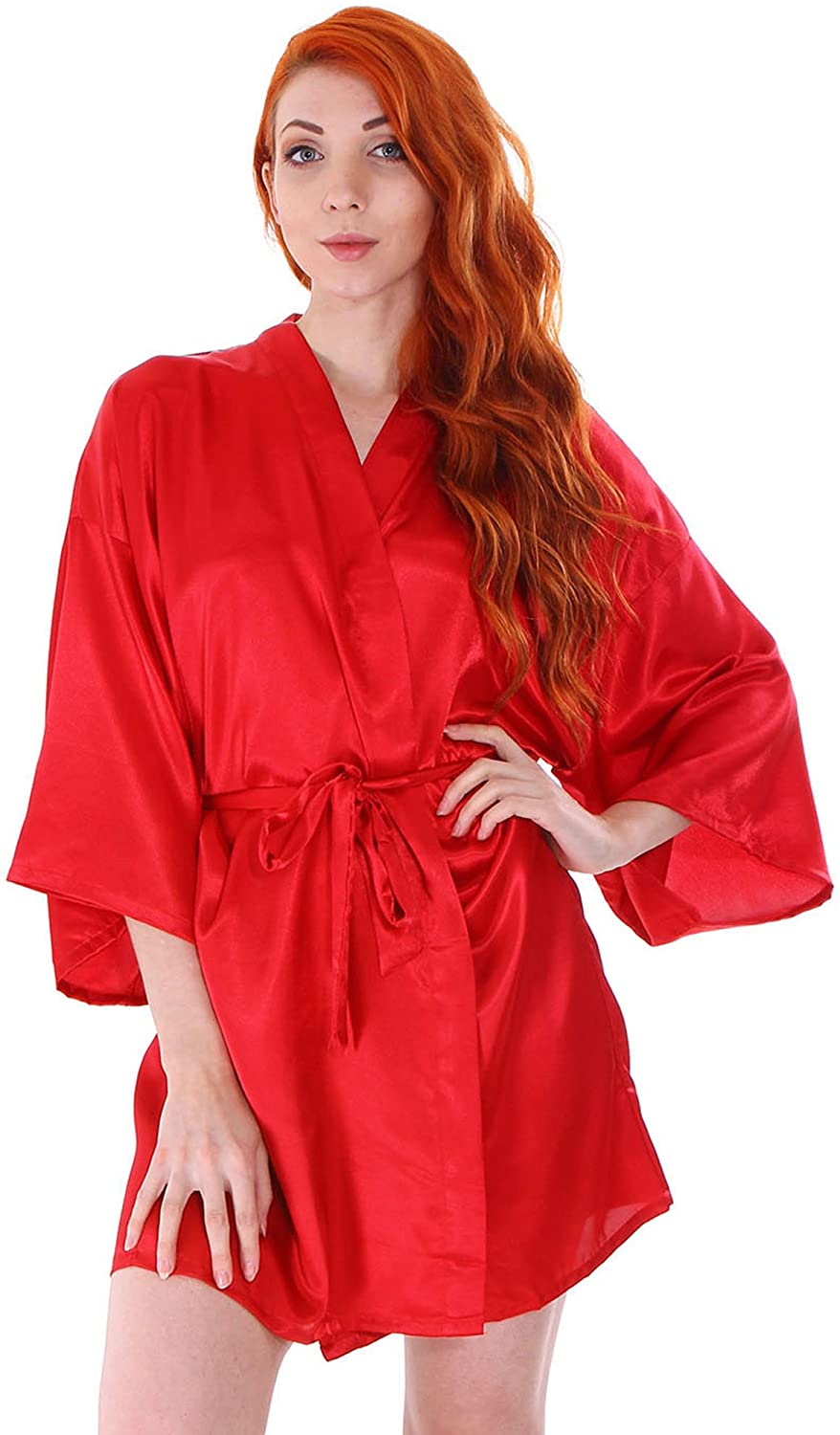 Price:$14.99 Simplicity Women's Lightweight Short Silk Satin Bridal Lounge Robe Bathrobe, Red at Amazon Women’s Clothing store