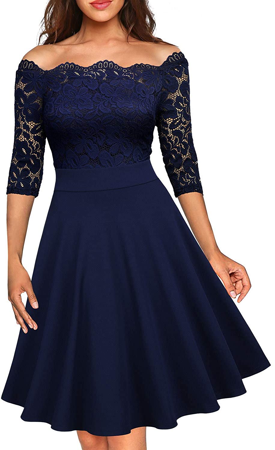 Price:$29.99    MISSMAY Women's Vintage Floral Lace Half Sleeve Boat Neck Formal Swing Dress  Clothing