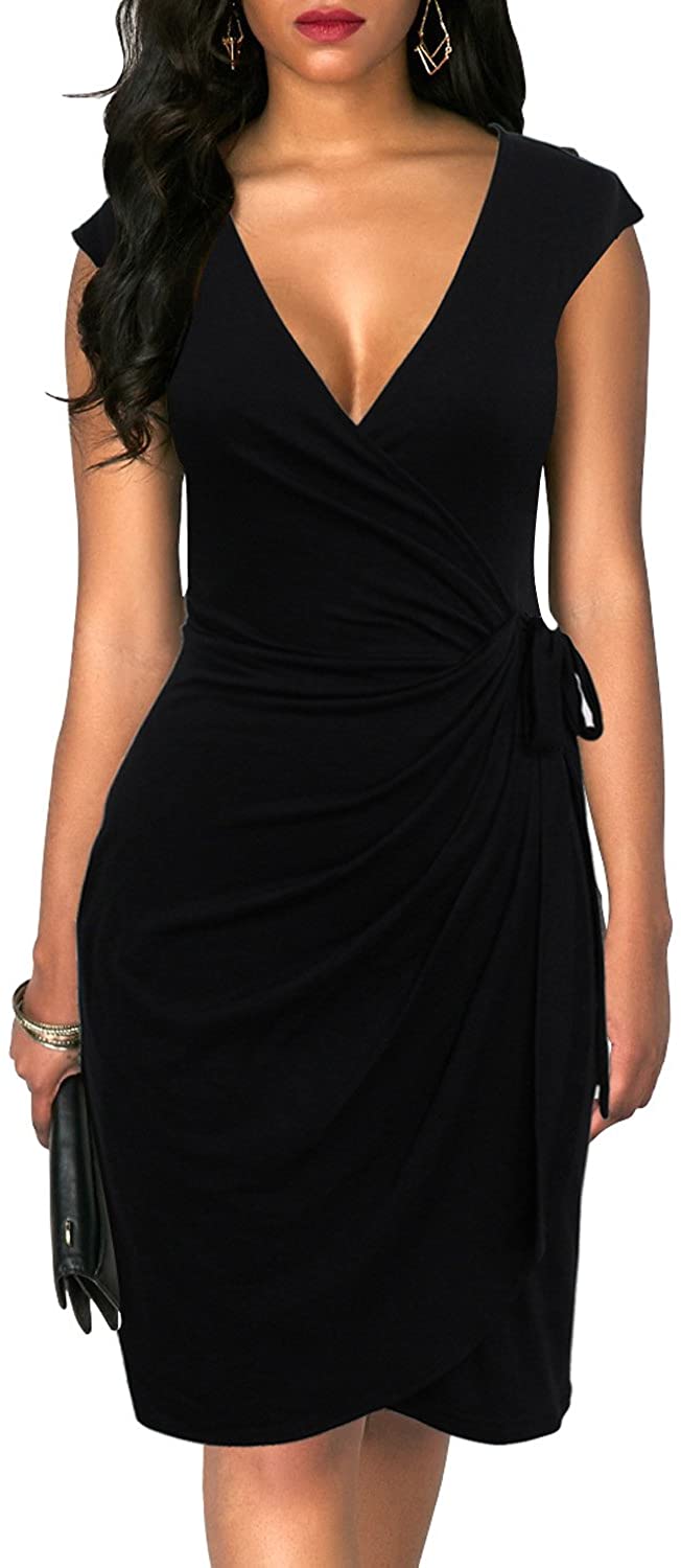 Price:$19.90    Berydress Women's Vintage V-Neck Sheath Casual Party Work Faux Black Wrap Dress  Clothing