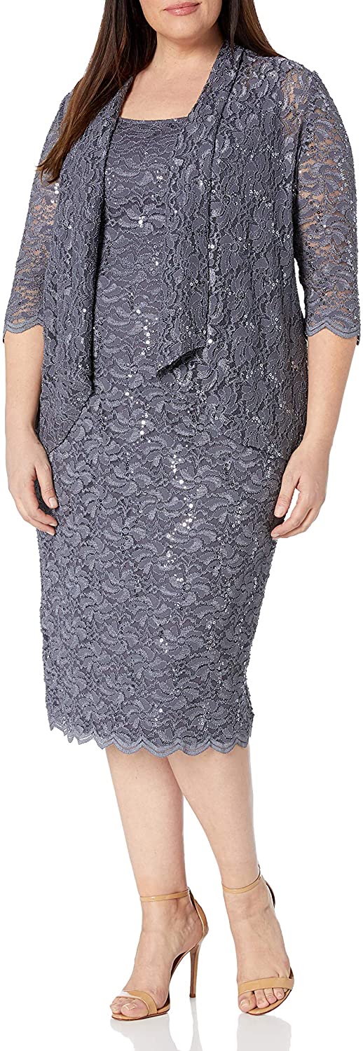 Price:$117.00    Alex Evenings Women's Plus Size Tea Length Lace Dress and Jacket  Clothing