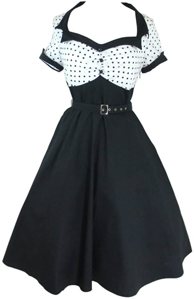 Price:$29.99    Chic Star Modern Grease Rachel 50's Flare White Black Polka Dot Dress  Clothing