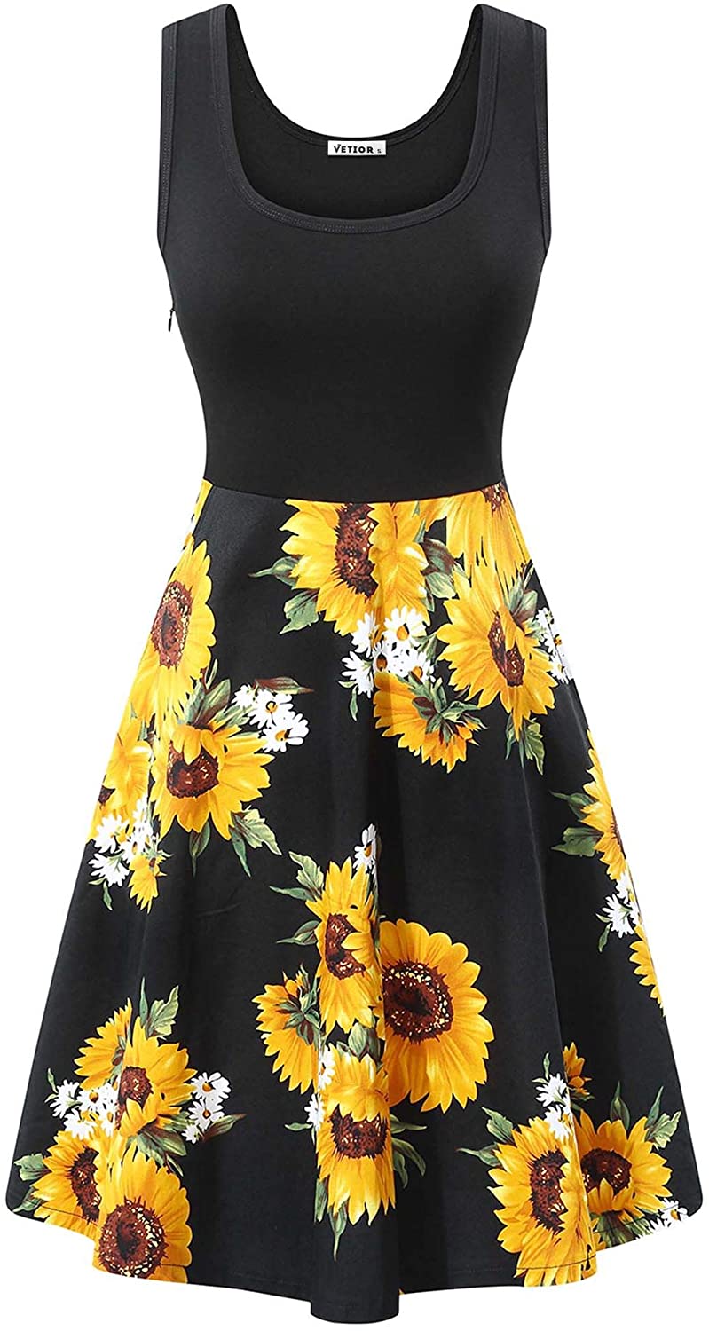 Price:$23.99 VETIOR Women's Vintage Scoop Neck Midi Dress Sleeveless A-line Cocktail Party Tank Dress at Amazon Women’s Clothing store