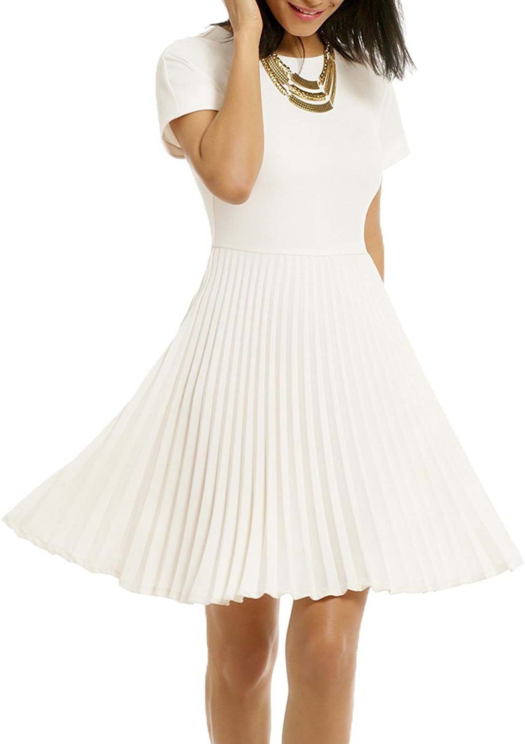 Price:$37.88    WOOSEA Women's Elegant Pleated Short Sleeves Cocktail Party Swing Dress  Clothing
