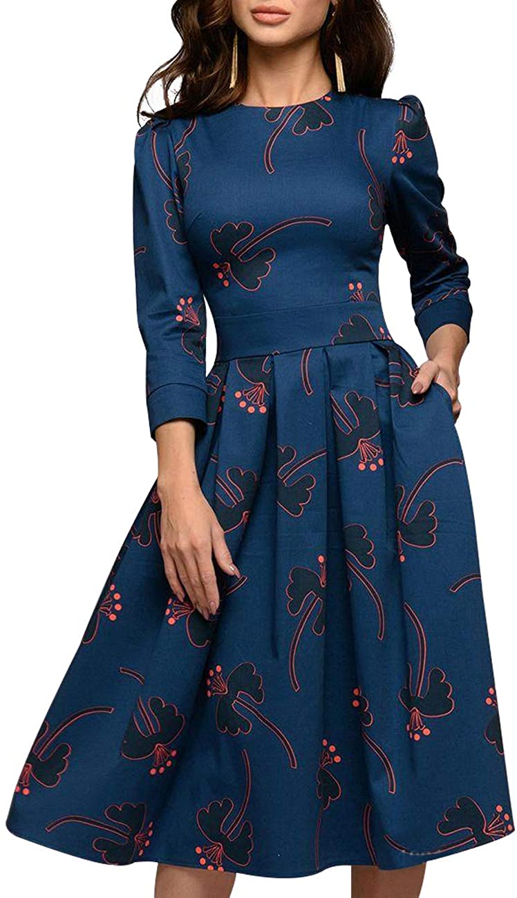 Price:$25.99    Simple Flavor Women's Floral Evening Flare Vintage Midi Dress 3/4 Sleeve  Clothing