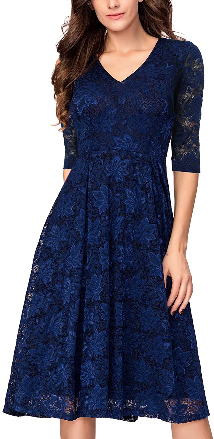 Price:$32.99    Noctflos Women's 3/4 Sleeves Lace Fit & Flare Midi Cocktail Dress for Women Party Wedding  Clothing