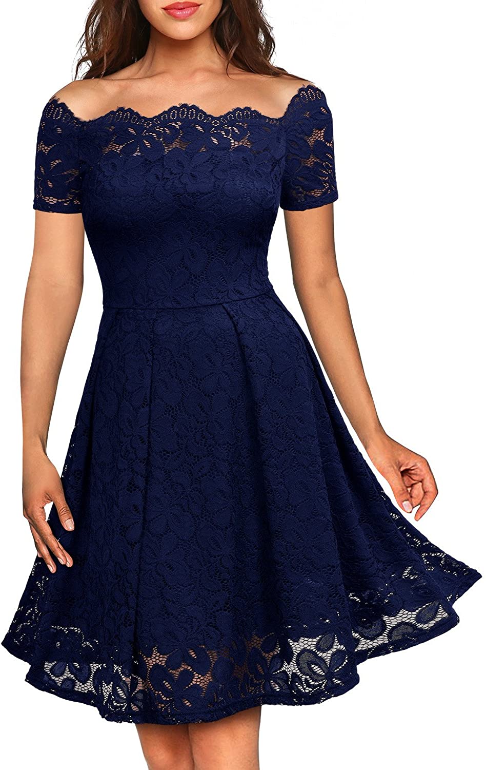 Price:$19.99    MISSMAY Women's Vintage Floral Lace Short Sleeve Boat Neck Cocktail Party Swing Dress  Clothing