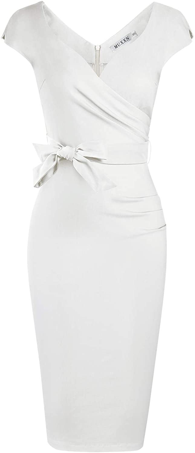 Price:$29.99    MUXXN Women's Vintage 1950s Style Wrap V Neck Tie Waist Formal Cocktail Dress  Clothing