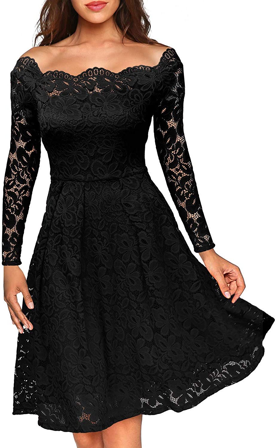 Price:$19.99    MISSMAY Women's Vintage Floral Lace Long Sleeve Boat Neck Cocktail Party Swing Dress  Clothing