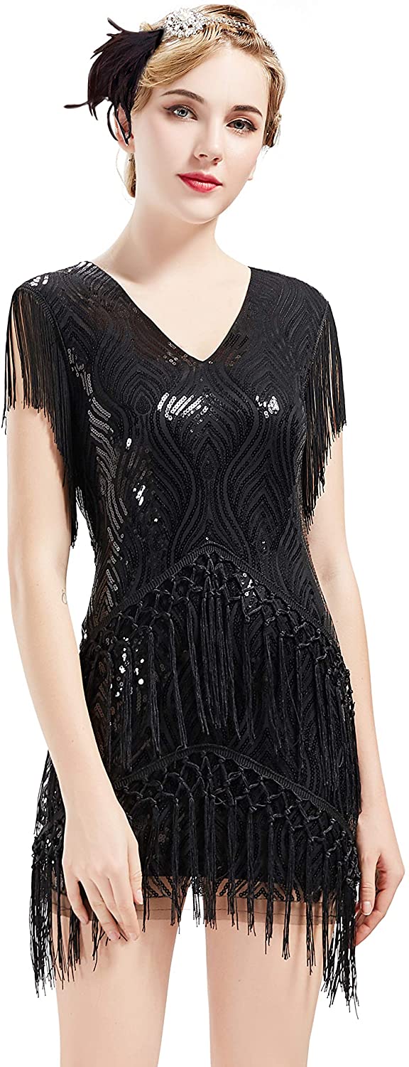 Price:$43.99    BABEYOND 1920s Flapper Dress Long Fringed Gatsby Dress Roaring 20s Sequins Beaded Dress Vintage Art Deco Dress  Clothing