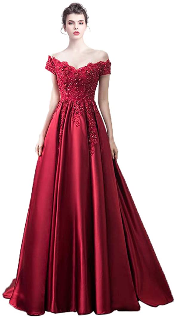 Price:$89.00 inmagicdress Women's Off Shoulder Satin Lace Long Prom Ball Gown at Amazon Women’s Clothing store