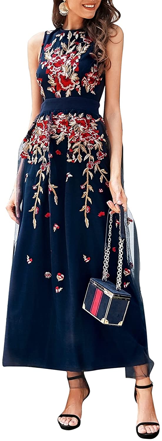 Price:$60.99    BerryGo Women's Elegant Floral Embroidered Mesh Lace Dress Cocktail Sleeveless  Clothing