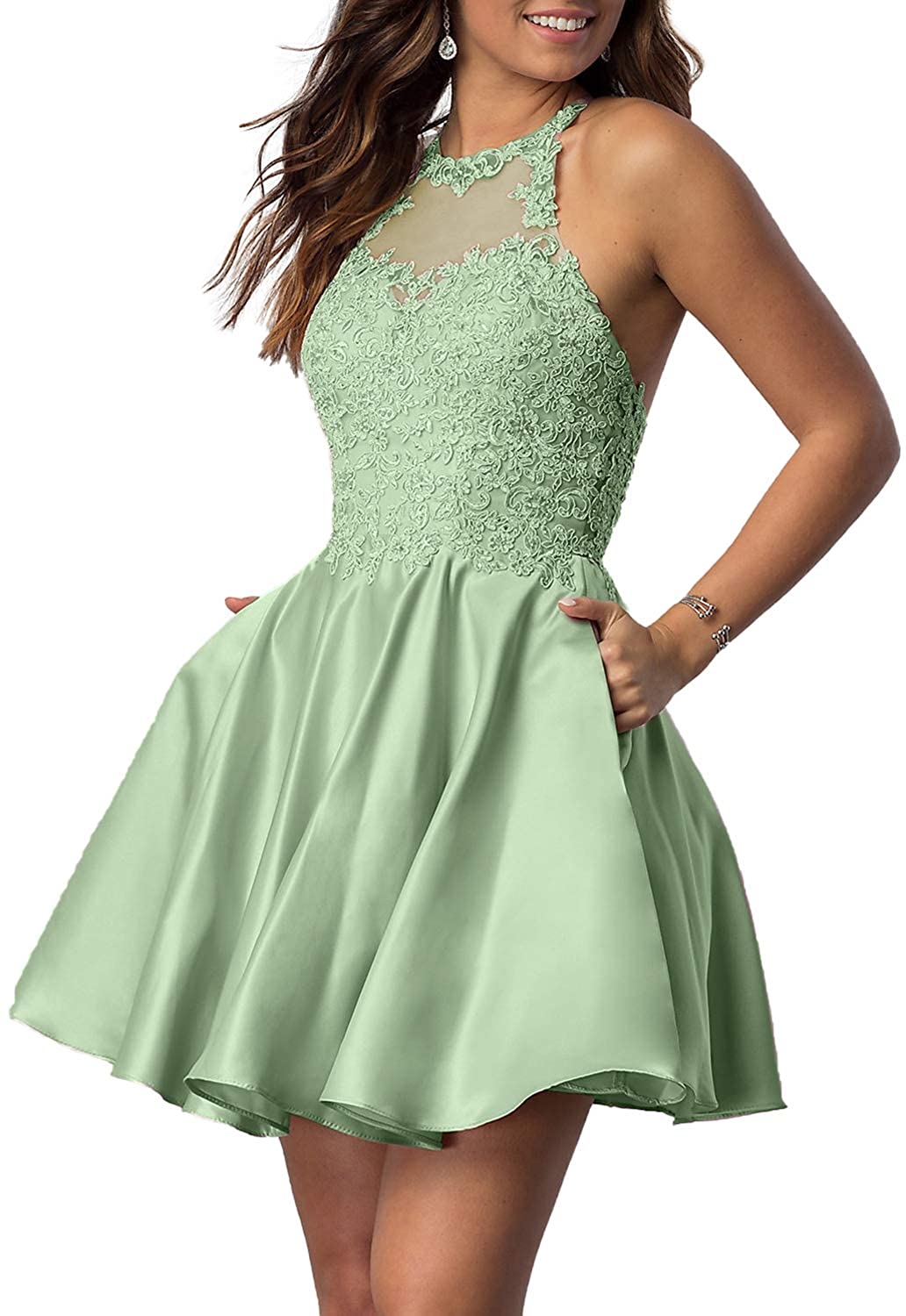 Price:$9.99 Woman's Short Homecoming Dresses for Juniors Lace Halter Neckline with Pockets at Amazon Women’s Clothing store