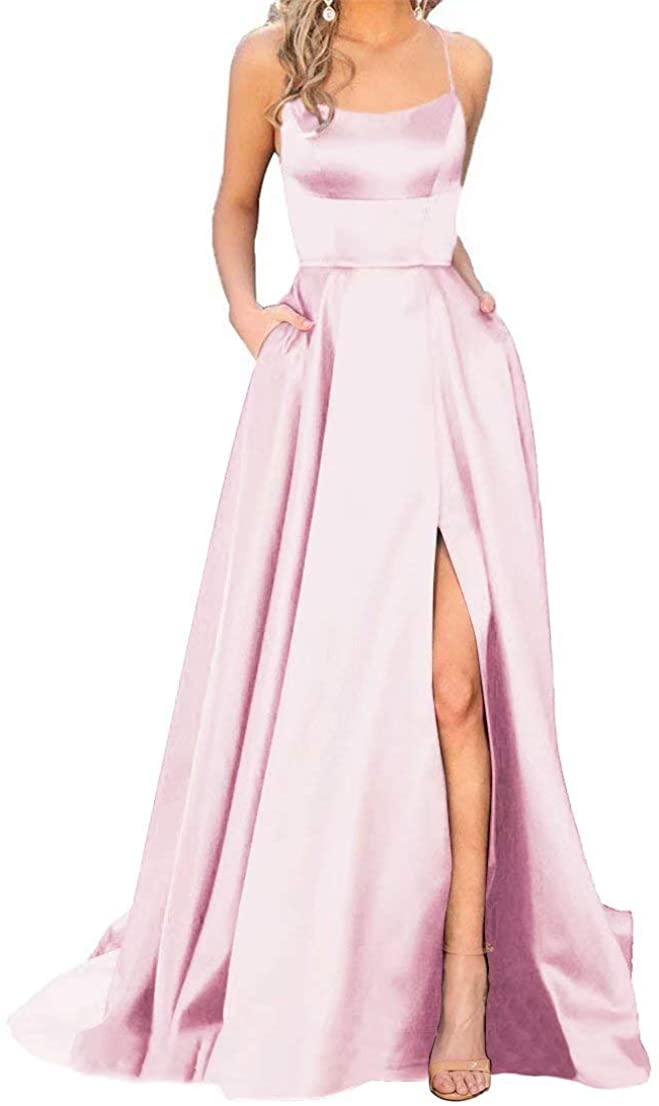 Price:$65.99 JASY Women's Spaghetti Satin Long Black Prom Dresses with Pockets at Amazon Women’s Clothing store