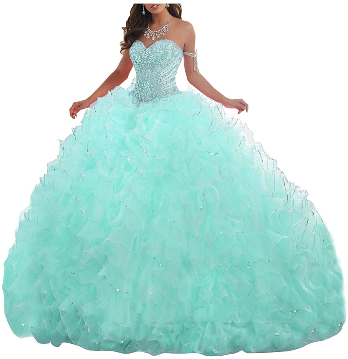 Price:$155.99 Lovely Romana Women's Organza Ruffles Quinceanera Beaded Sweetheart Prom Ball Gown at Amazon Women’s Clothing store