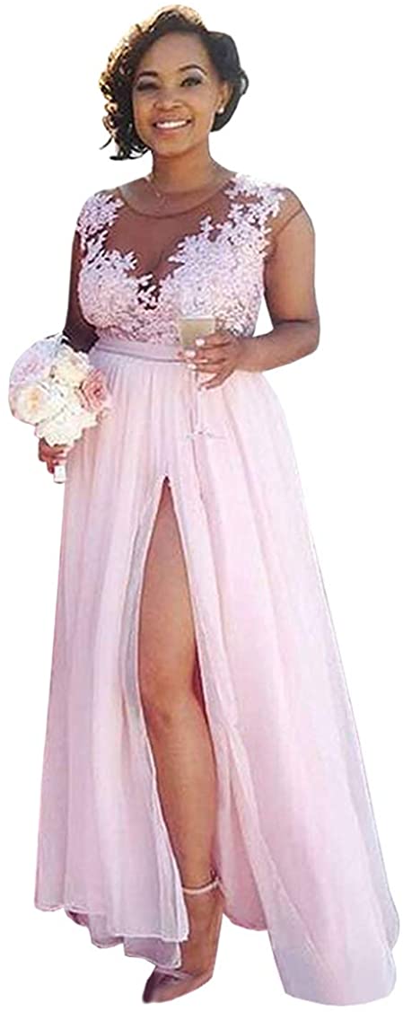 Price:$89.00    Yilis Women's Lace Applique Long Bridesmaid Dresses A-line Slit Chiffon Formal Prom Dress  Clothing