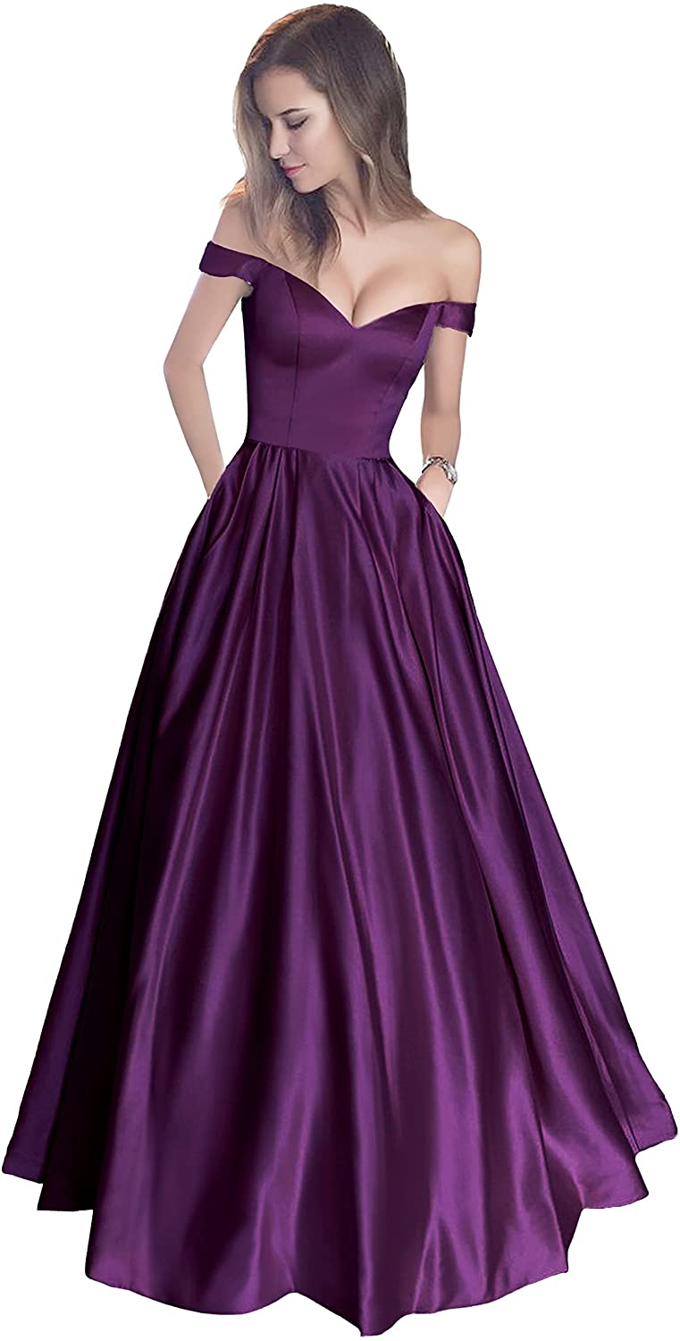 Price:$50.00 Harsuccting Off The Shoulder Beaded Satin Evening Prom Dress with Pocket at Amazon Women’s Clothing store