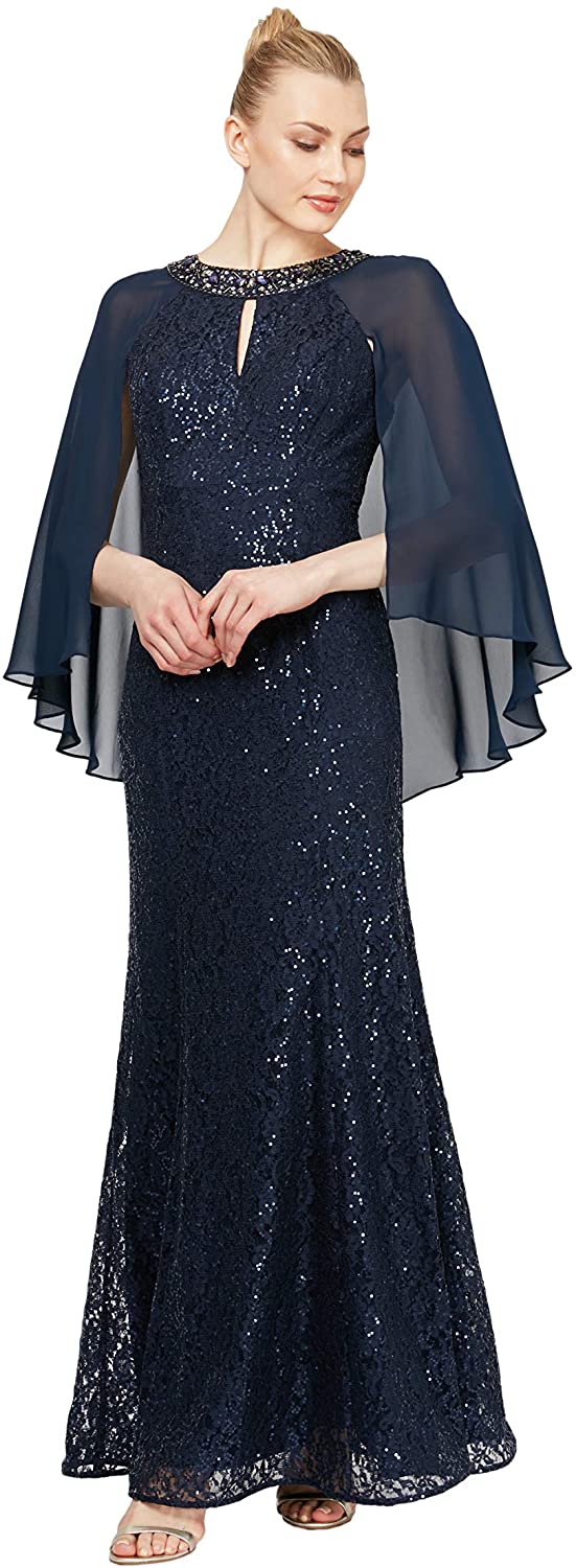 Price:$73.99 S.L. Fashions Women's Long Sequin Dress with Capelet at Amazon Women’s Clothing store