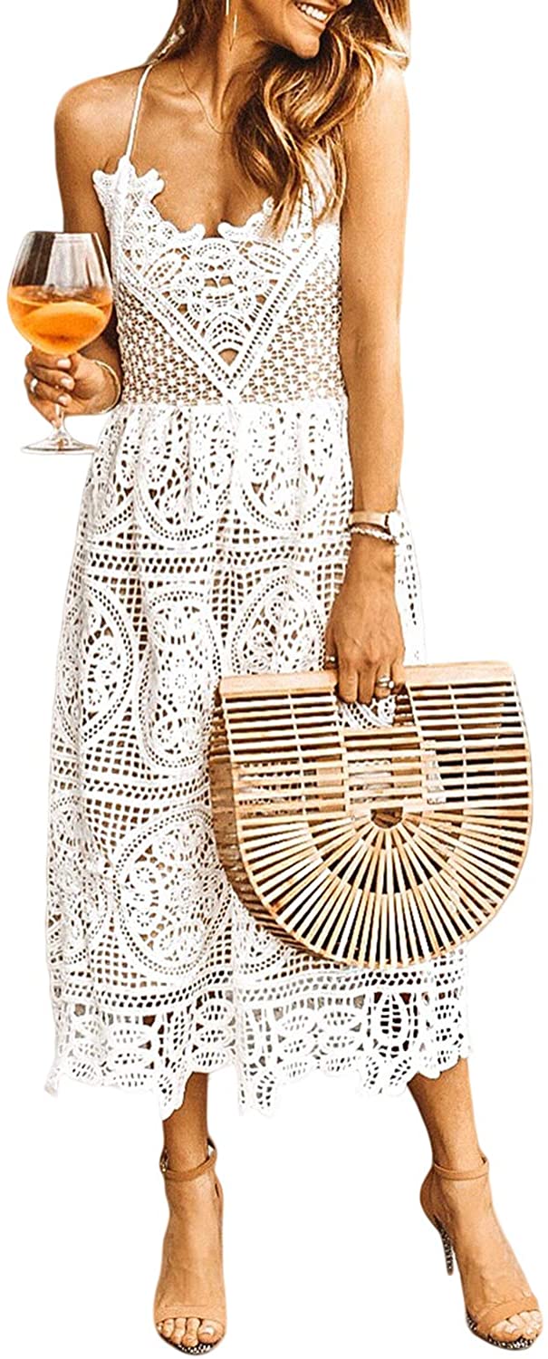 Price:$20.88    GOSOPIN Women A Line Lace V-Neck Cocktail Party Midi Skirt Spaghetti Strap Dress  Clothing