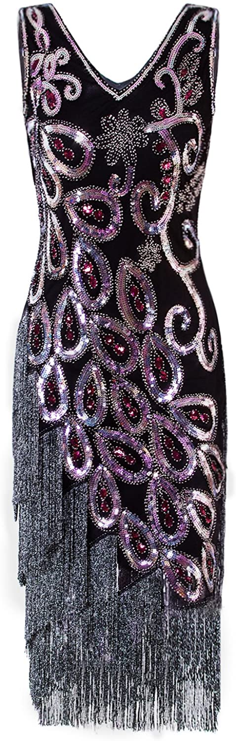 Price:$42.99    VIJIV Women's Vintage 1920s Style Peacock Sequin Roaring 20s Gatsby Party Flapper Dress  Clothing