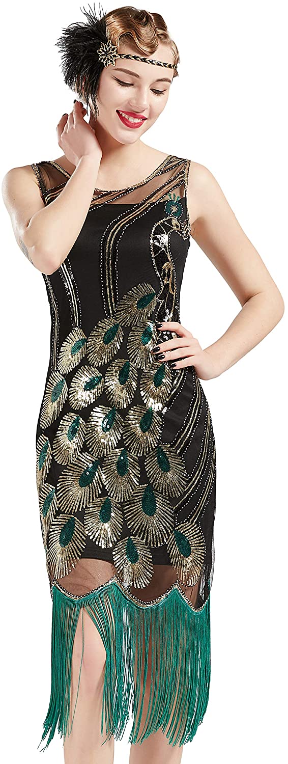 Price:$42.90    BABEYOND 20's Vintage Peacock Sequin Fringed Party Flapper Dress  Clothing