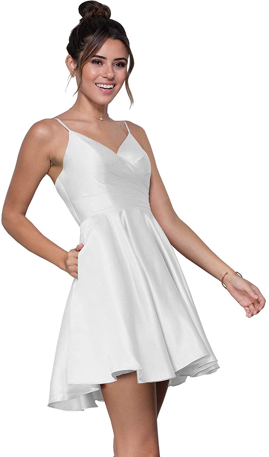 Price:$69.99 WuliDress Women's Spaghetti Strap A Line Pleated Satin V Neck Homecoming Dress Short Prom Formal Gown with Pockets at Amazon Women’s Clothing store