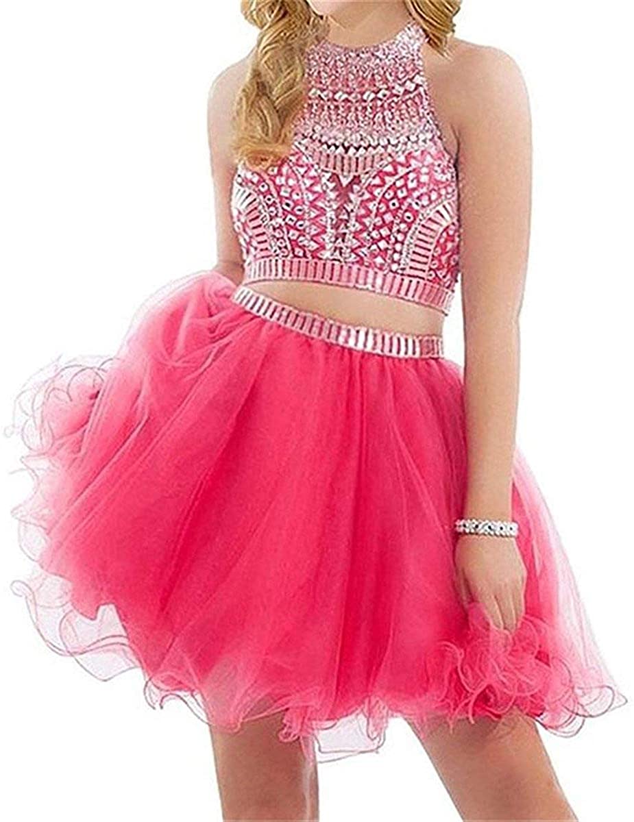 Price:$74.99    Two Piece Homecoming Dresses Short Halter Beaded Cocktail Prom Gowns for Junior 2019  Clothing