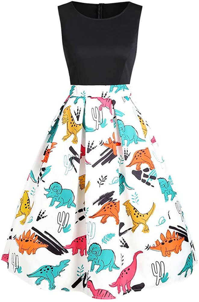 Price:$23.99    DRESSFO Women's Vintage Round Neck Sleeveless Dinosaur Print A Line Dress  Clothing