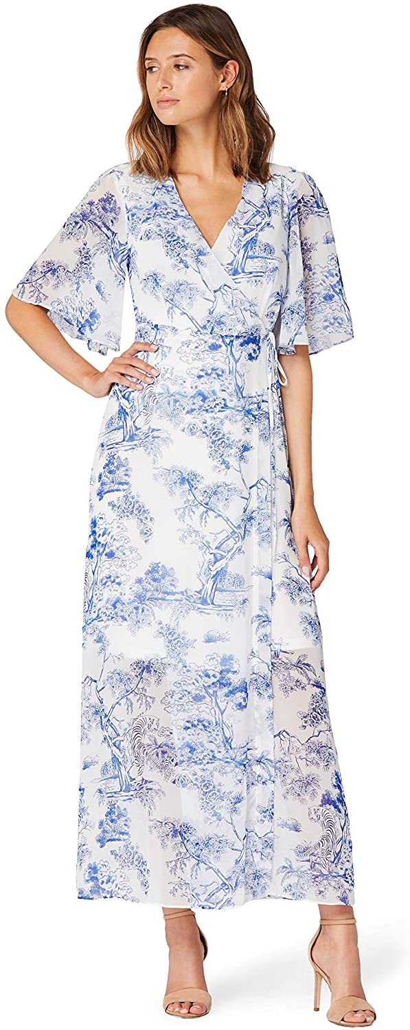 Price:$18.78    Amazon Brand - Truth & Fable Women's Maxi Chiffon Wrap Dress With Bell Sleeves  Clothing