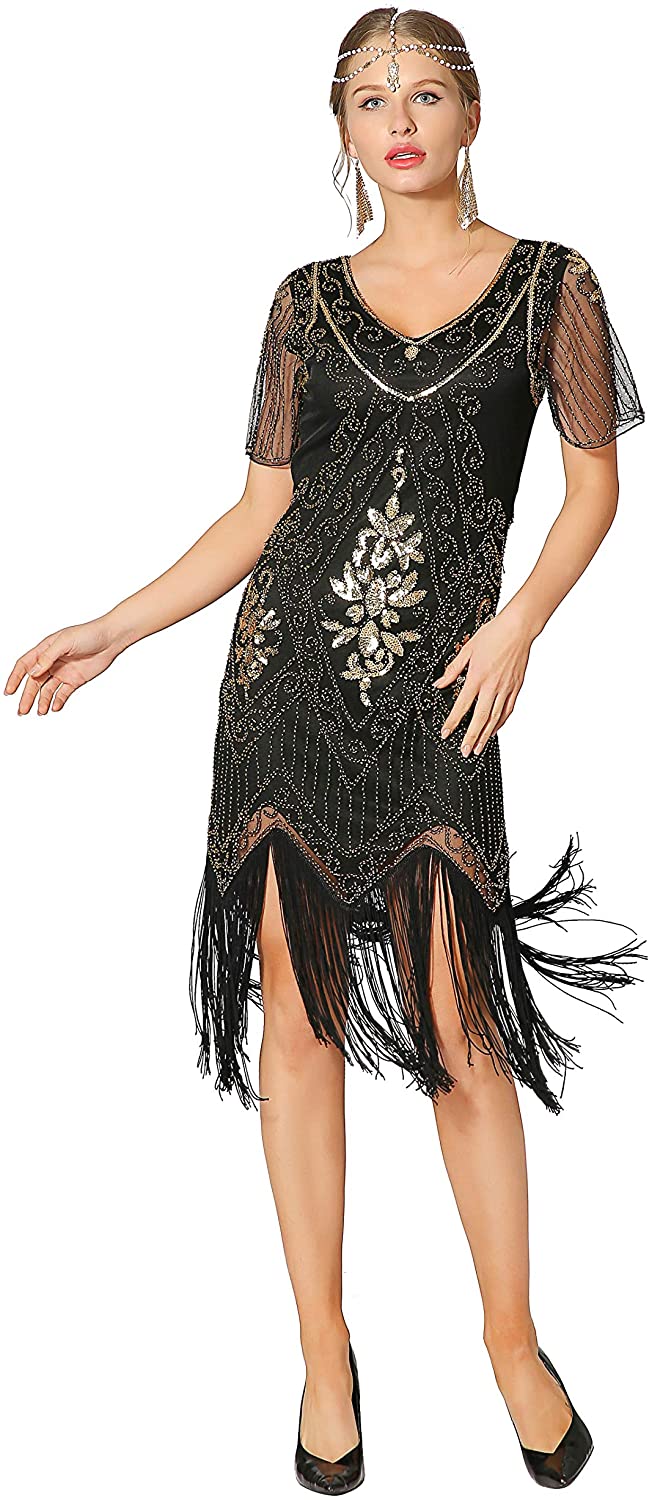 Price:$39.99    Radtengle Women's 1920s Flapper Dress Beaded Fringed Gatsby Dress with Short Sleeves for Roaring 20s Party  Clothing