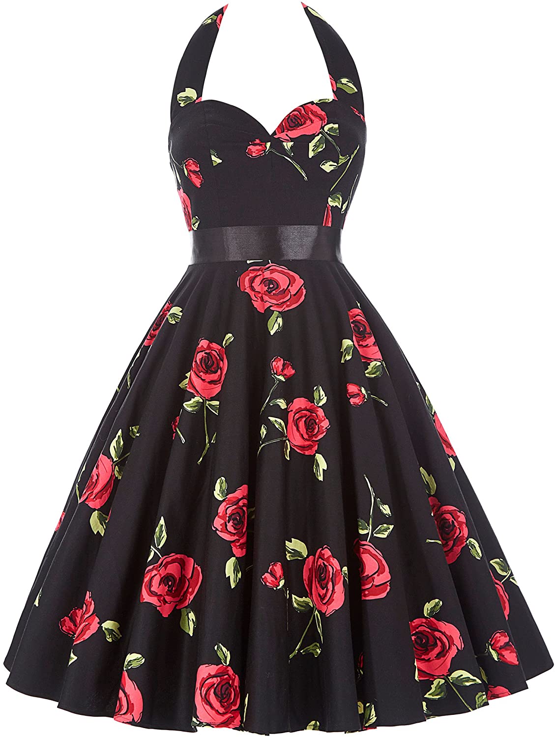 Price:$28.99 GRACE KARIN Women Vintage 1950s Halter Cocktail Party Swing Dress with Sash at Amazon Women’s Clothing store