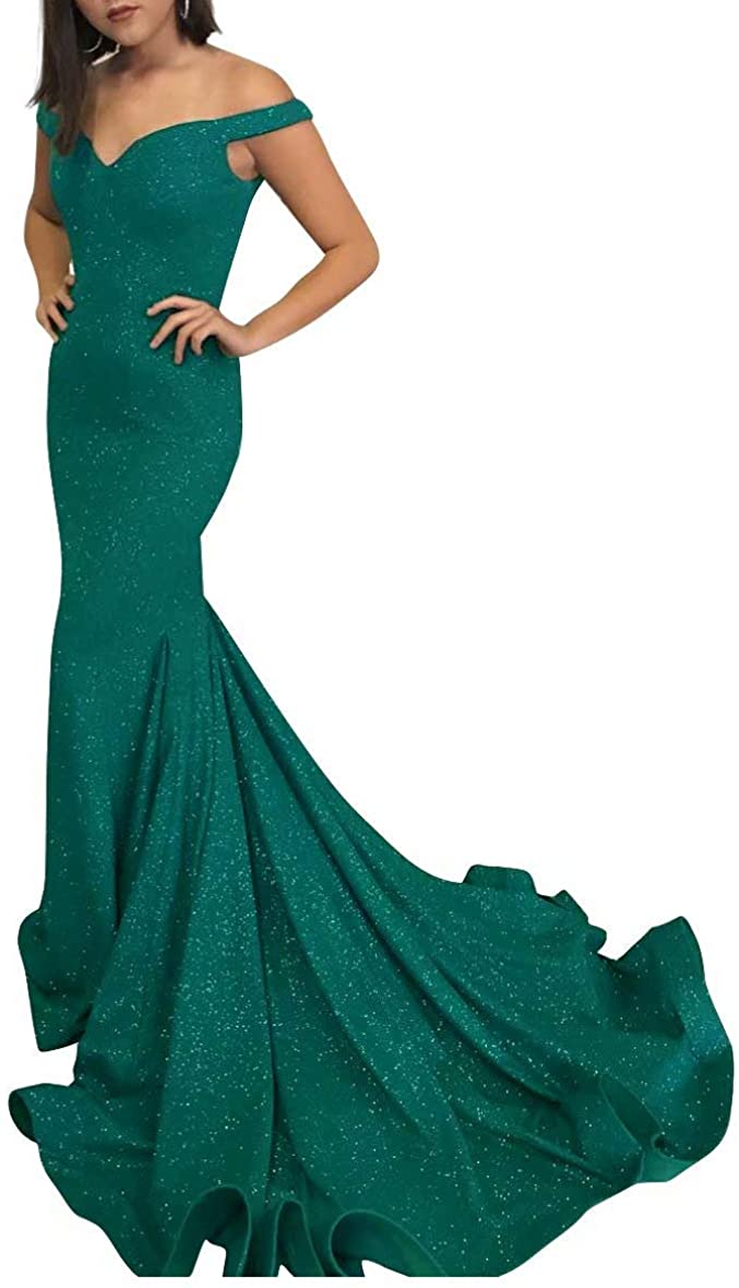Price:$79.99 LanierWedding Women's Off The Shoulder Glittery Mermaid Long Party Gown at Amazon Women’s Clothing store