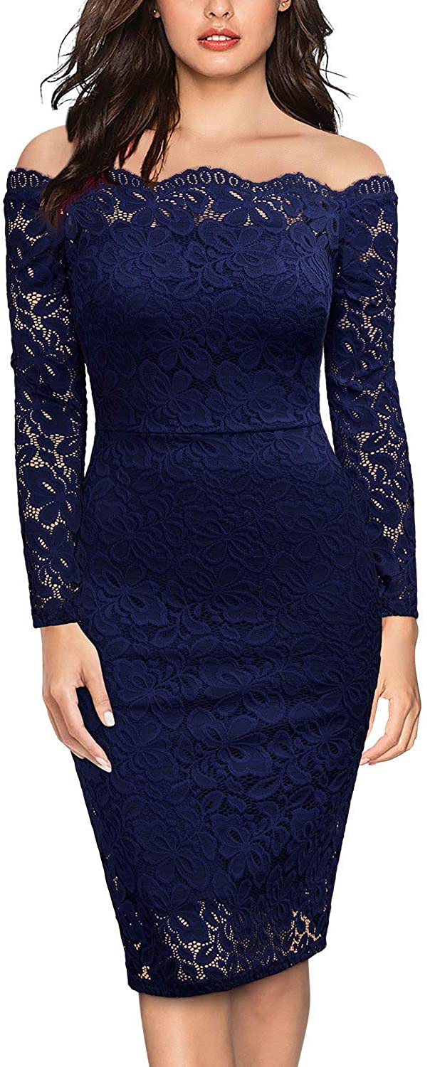 Price:$39.99    Miusol Women's Vintage Off Shoulder Flare Lace Slim Cocktail Pencil Dress  Clothing