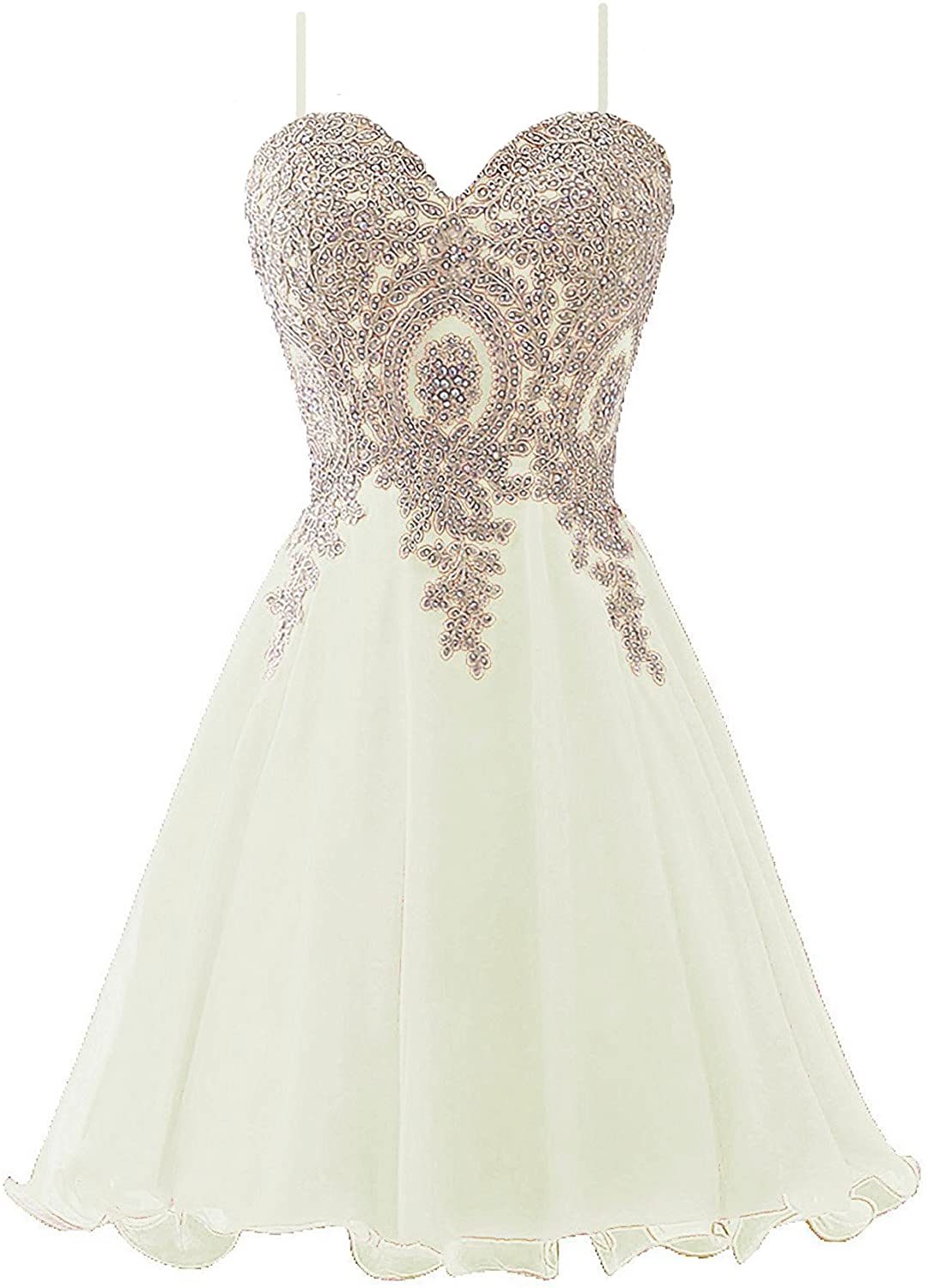 Price:$86.99    Kivary Short Beaded Gold Lace Prom Dress Homecoming Cocktail Party Gowns  Clothing