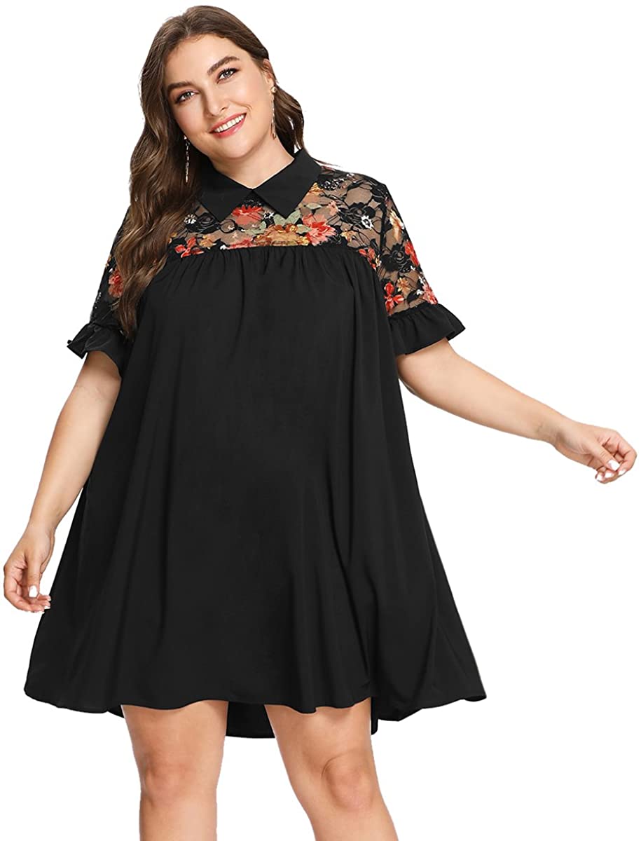 Price:$24.99 Romwe Women's Plus Size Floral Lace Short Sleeve Summer Beach Swing Tunic Dress at Amazon Women’s Clothing store