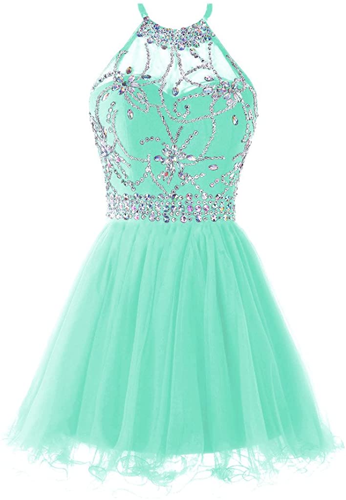Price:$48.99    Musever Women's Halter Short Homecoming Dress Beading Tulle Prom Dress  Clothing